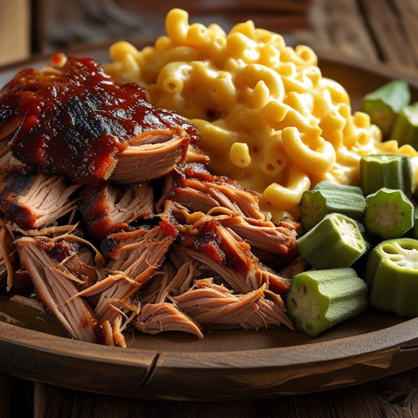 BBQ Pork with Caroline Sauce, MacNCheese and Sauteed Okra