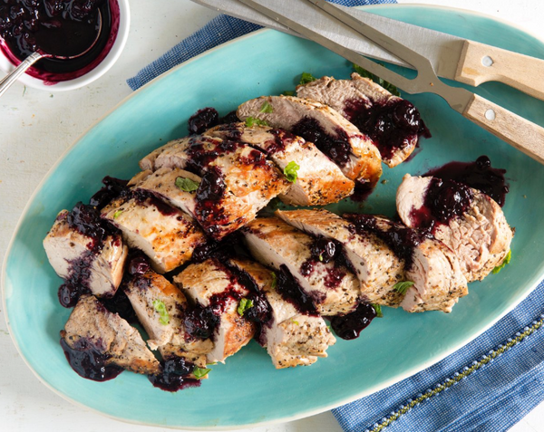 Grilled Pork Tenderloin with Blueberry BBQ Sauce and Mustard Potato Salad (GF)