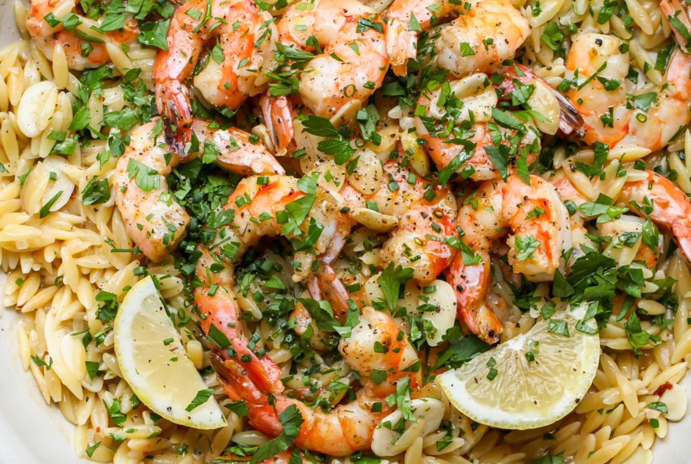Shrimp Scampi over Orzo with Grilled Zucchini and Squash