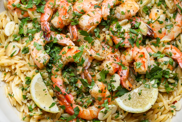Shrimp Scampi over Orzo with Grilled Zucchini and Squash
