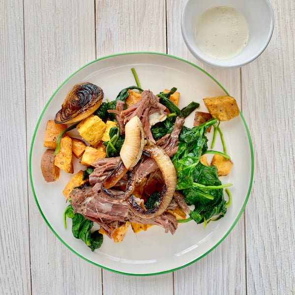 Braised Beef Sweet Potato Bowl with with Horseradish Cream Sauce, Grilled Onions & Wilted Spinach (GF)