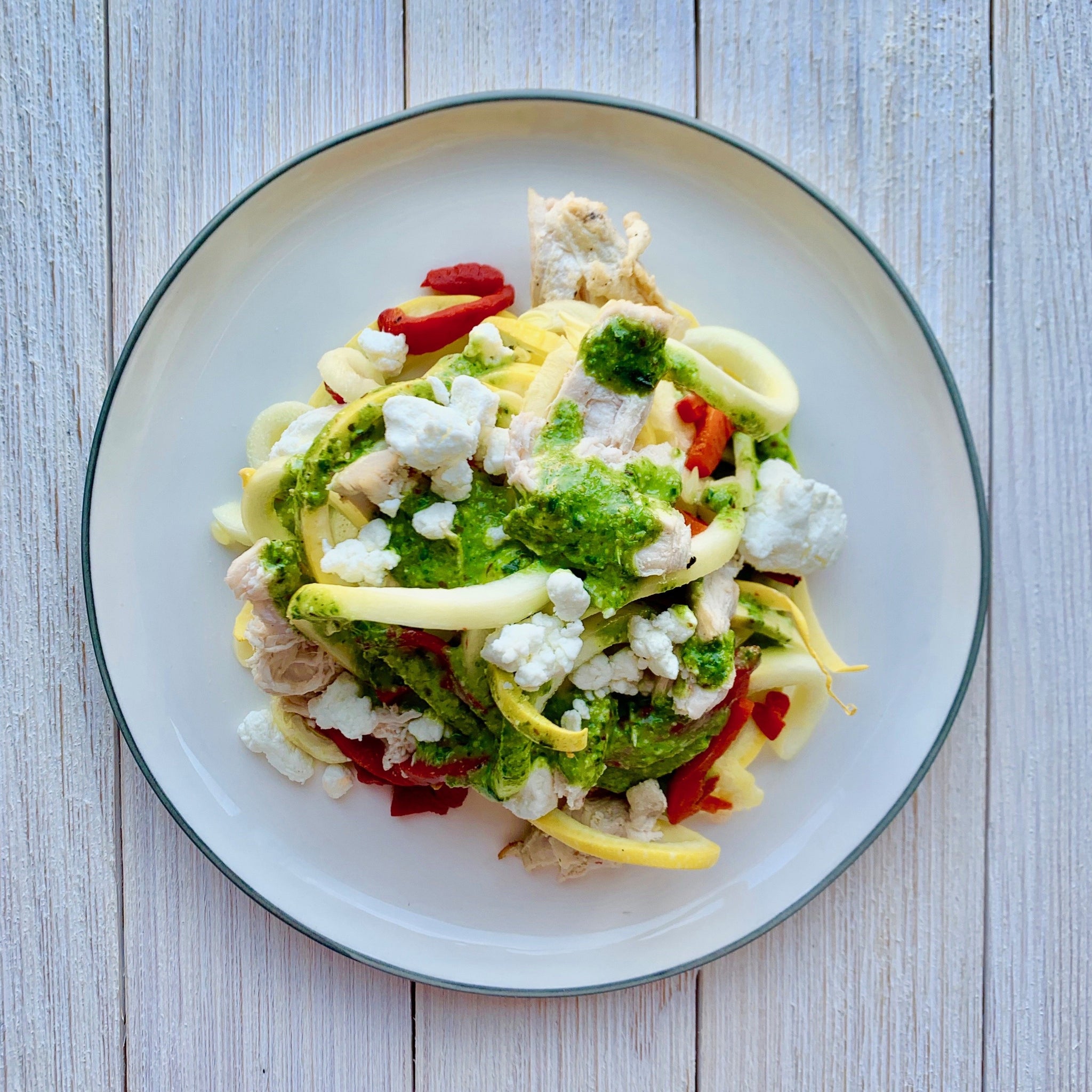 Grilled Chicken with Grilled Squash & Zucchini, Lemon Parmesan Rice and Pesto Cream (GF)