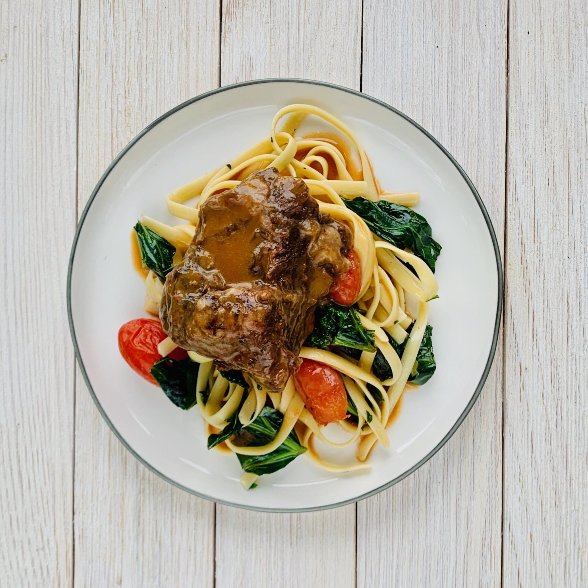 Parmesan Short Rib Pasta with Blistered Tomatoes & Greens