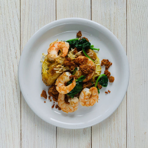 Shrimp and Chorizo with Parmesan Smashed Potatoes & Wilted Spinach (GF)
