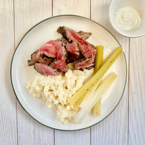 Steak with Blue Cheese Sauce, Roasted Broccoli and Garlic-Cheddar Mashed Potatoes