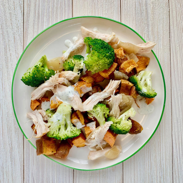 Roasted Sweet Potato Bowl with Chicken, Broccoli, Caramelized Onions and Herb Cream (GF)