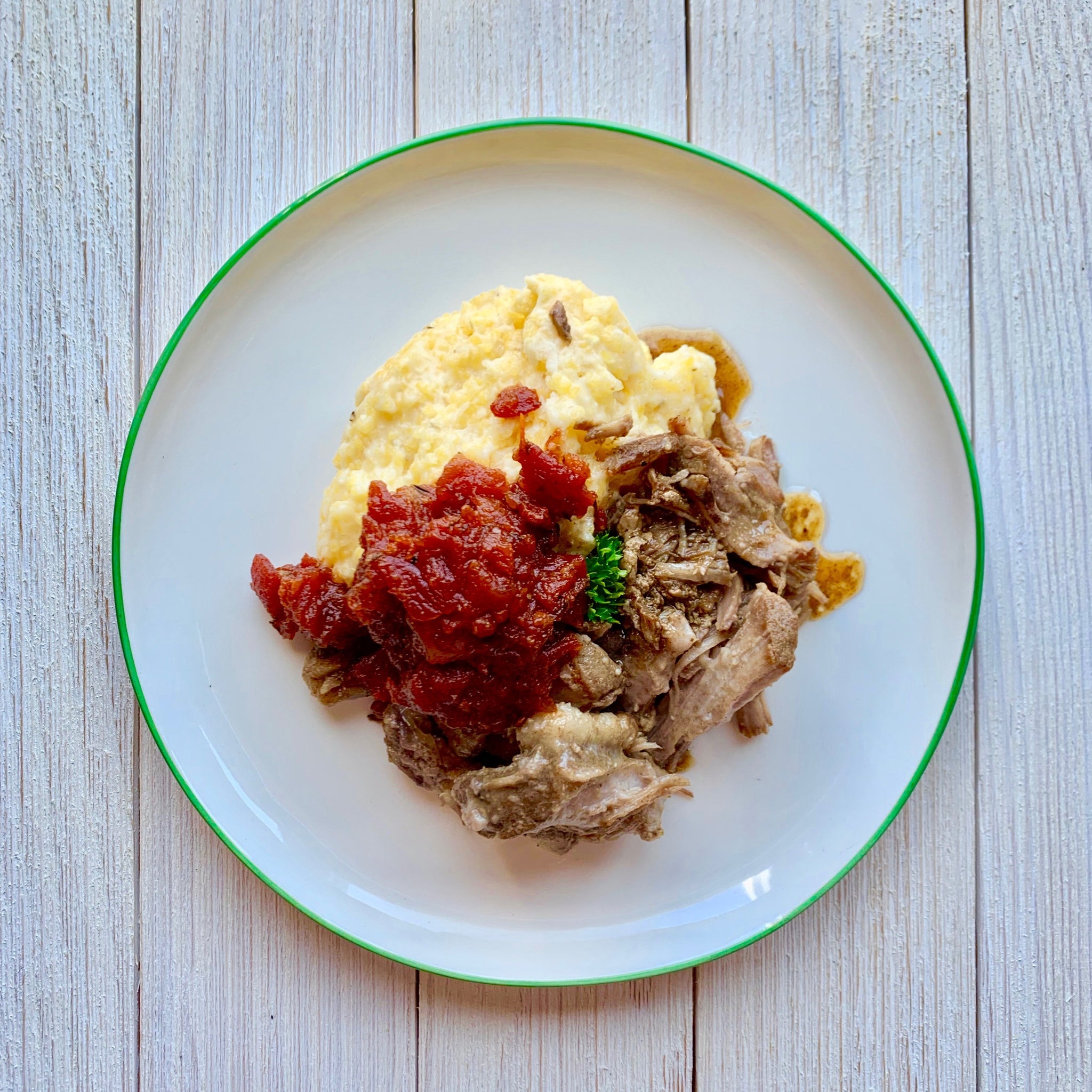 Pulled Pork over Stone Ground Grits with Tomato Jam and Roasted Green Beans (GF)